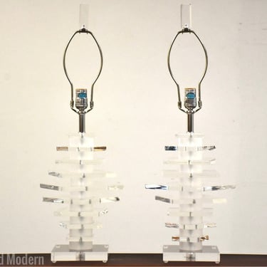 Stacked Lucite and Chrome Table Lamps - A Pair 