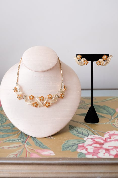 ★VINTAGE HOLLYWOOD★ Nature Daisy Beads Necklace Vintage 1950's Daisy Chain Rhinestone Necklace & Earring Set