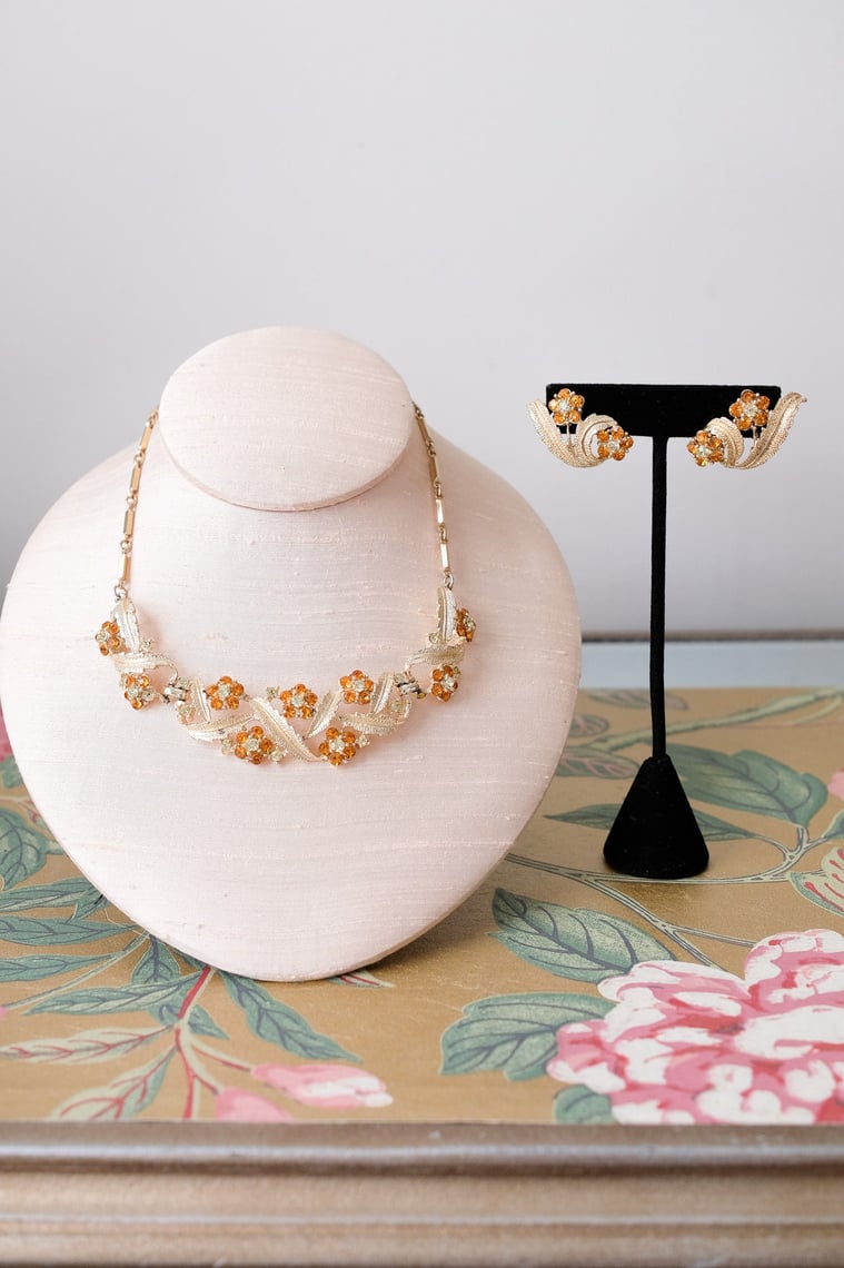 Vintage 1950's Daisy Chain Rhinestone Necklace & Earring Set
