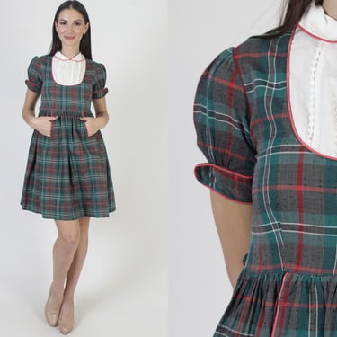 Womens 50s Red Plaid Dress, Vintage Rockabilly Holiday Frock, Peter Pan Roll Collar, Cotton MCM Outfit 