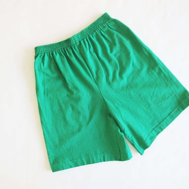 90s Kelly Green Cotton Elastic Waist Shorts S M - Vintage 90s High Waist Long Mom Shorts - Solid Color - Lounge Shorts 
