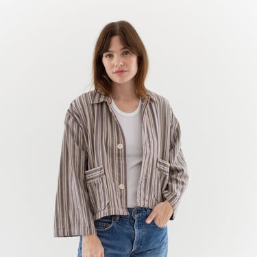 Vintage Purple Brown Blue Flannel Striped Crop Shirt Jacket | Unisex Stripe Cotton Pajama Chore | L | SCJ009 
