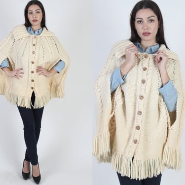 Ivory Cable Knit Cape / Fringe Homemade Draped Blanket Sweater / Womens Oversized Knitted Plain Poncho 