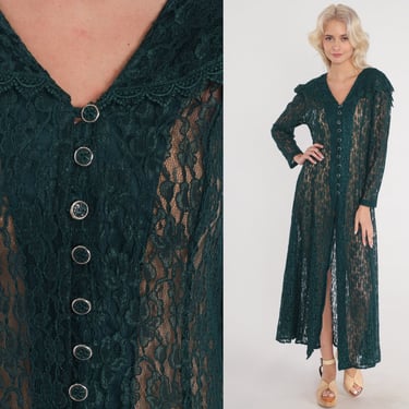 Green Lace Dress 90s Sheer Maxi Dress  Button Up Gothic Party Front Slit Long Puff Sleeve See Through Ruffled Capelet Vintage 1990s Medium M 