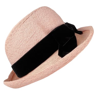 Jean Dessès 1960s Vintage Black Velvet Bow Trim Pink Straw Hat 