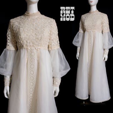 INCREDIBLE Vintage 60s 70s Floral Pattern Embroidery Lace with Unique Bishop Sleeves Dress 