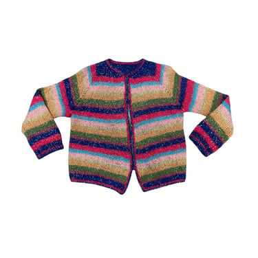 Vintage 1960s Multi-Colored Striped Cardigan, 60s Fully Fashioned Mid-Century Mohair Wool Sweater, Medium 38