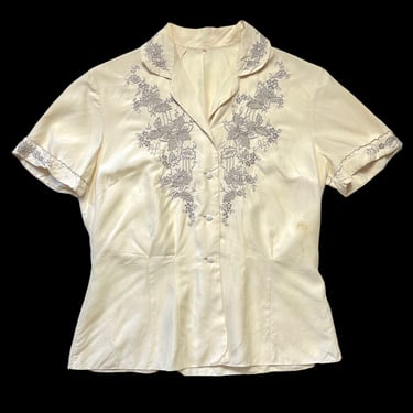 Vintage 1930s/1940s Women's Embroidered Silk Blouse ~ S ~ Short Sleeve Button-Up Shirt ~ 30s / 40s 