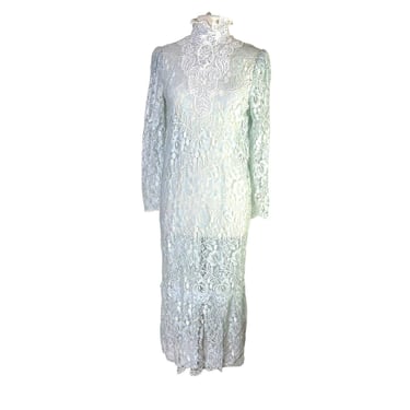 Vintage Jessica McClintock Mint Dress Floral Lace Sheer Prairie Bridal Cottage 