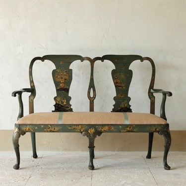 George II Period Green Polychromatic-Japanned Settee Circa 1730 Upholstered in Rose Tarlow