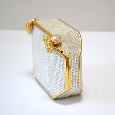 Vintage Judith Leiber Evening Bag Swarovski Crystal Minaudiere Gold Clutch Pearl Crystals Silver Gold Metal Clutch Bag wedding Purse 