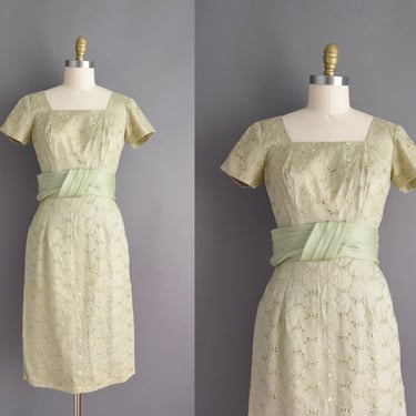 1950s dress | Sage Green Floral Embroidered Cocktail Party Wiggle Dress | Small | 50s vintage dress 
