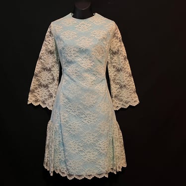 1960s blue lace dress sheer floral lace overlay angel wings ruffled hem small 