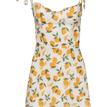 Reformation - White, Yellow &amp; Green Lemon Print Ruffled Mini Dress Sz 6