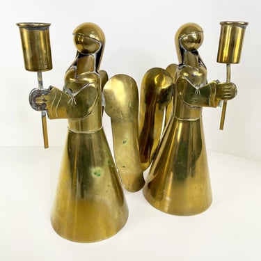 2 Vintage Modern Christmas Copper Brass Angel Candle Holders Mexican Art Mcm 9”