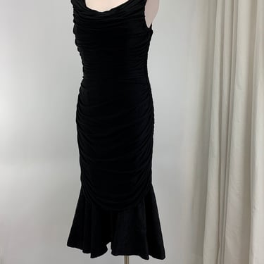 Early 1960's Cocktail Dress - Draped Rayon Jersey - Low Ruffled Lace Kick Skirt - Symphony Fashions - Size Medium 