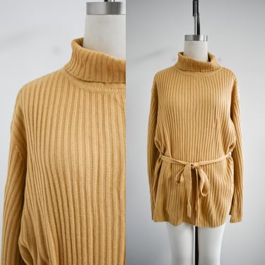 1980s Camel Colored Tunic Sweater with Tie Belt 