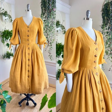 Vintage 1980s Shirt Dress | 80s Linen Mustard Yellow Fit and Flare Button Up Shirtwaist Puff Sleeve Midi Tea Dress | small/medium 