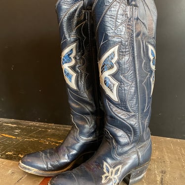 1970s cowboy boots, inlayed butterflies, vintage western boots, navy blue leather, stacked heel, cowgirl, Justin, size 6, knee high, boho 