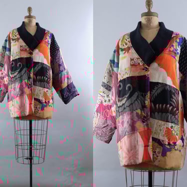 Vintage 80s Sachi Kimono Patchwork Jacket – Japanese Textile Style – Quilted Padded Coat with Wool Collar – Oversized Boho Statement Piece 