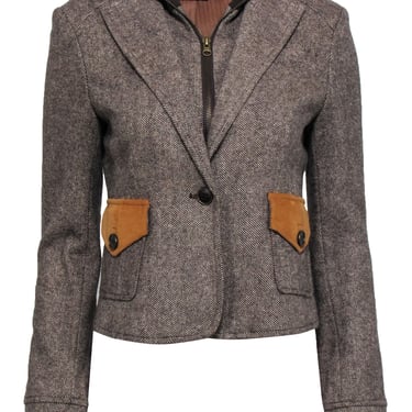 BCBG Max Azria - Brown Tweed Double Collar Jacket w/ Elbow Patches Sz S