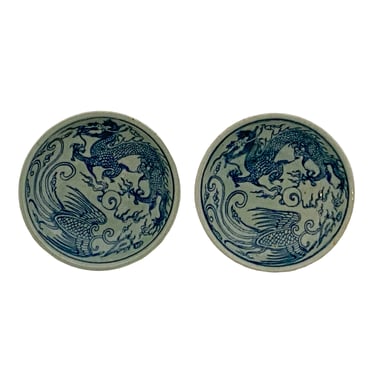 Pair Chinese Distressed Marks Dragon Phoenix Porcelain Small Plates ws3270E 