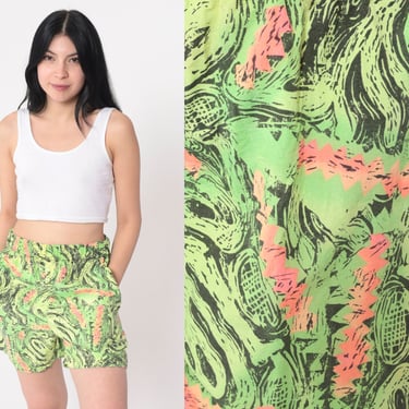 80s Neon Shorts Abstract Alien Print Shorts Baggy High Waisted Retro Geometric Beach Shorts Lime Green Yellow Vintage Athletic Medium 