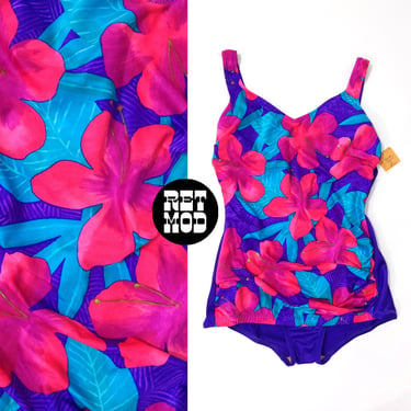 DEADSTOCK Vintage 90s Purple Blue Bright Pink Tropical Floral One-Piece Swimsuit with Privacy Skirt - As is 