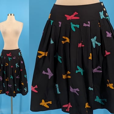Vintage 80s Airplane Print Black Cotton Pleated Skirt with Pockets - XS Eighties Novelty Plane Print Skirt 