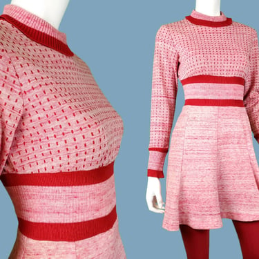 1960s mod knit dress. Mini sizzle gogo circle flare. Space dyed stretch red pink stripes. Babydoll empire waist. (S) 