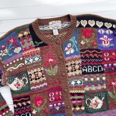cottagecore sweater 90s vintage Heirloom Collectibles brown embroidered teapot floral cardigan 