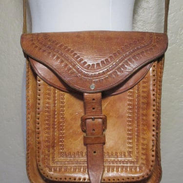 Tooled Leather Purse, Vintage 1970s, Mexican Purse, Brown Leather Crossbody 