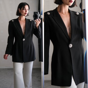 Vintage 90s BADGLEY MISHKA Black Rayon Gabardine Single Button Swing Tuxedo Blazer w/ Rhinestone Encrusted Buttons | 1990s Designer Jacket 