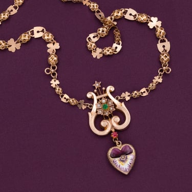 Victorian Lyre Harp Necklace With Enameled Heart