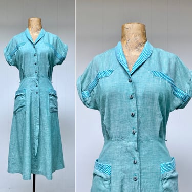 Vintage 1950s Heathered Green Cotton Shirtwaist Dress, 50s A-line Day Dress, Mid-Century Waitress Uniform, Small 34