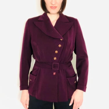 RARE Vintage 1930's 1940's Eggplant Purple Gabardine Belted Back Asymmetrical Buttoned Blazer Jacket - size Medium Large 