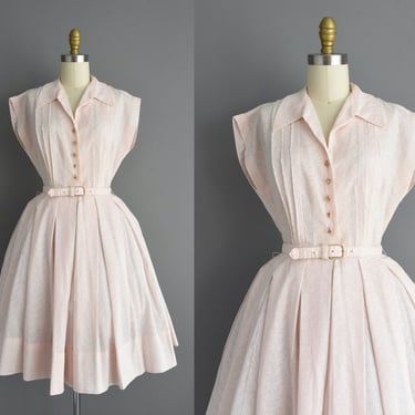 1950s vintage dress | R&K Pastel Pink Cotton Shirtwaist Dress | Small Medium | 50s dress 