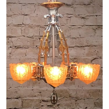 Restored antique art deco lincoln 5 light chandelier  #1750 