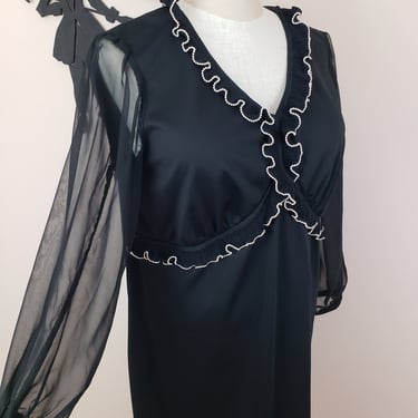 Vintage 1960's Little Black Dress / 70s Sheer Sleeve Dress XL 