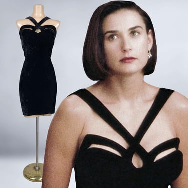 VINTAGE 90s Indecent Proposal Bombshell Mini Dress by Frederick's of Hollywood 13/14 | 1990s Velvet Gothic Noir Cutout Cocktail Dress | VFG 