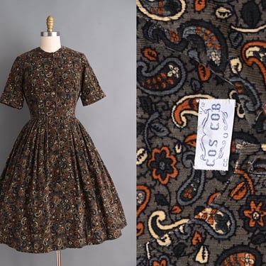 vintage 1950s Dress | Corduroy Cos Cob Paisley Print Shirtwaist Full Skirt Dress | Small 