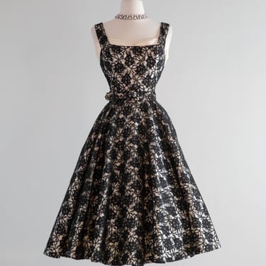 Stunning 1950's Black &amp; Ivory Lace Evening Dress / Small
