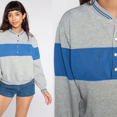 Grey Henley Sweatshirt Striped Sweatshirt Blue Half Button Up 80s Striped Pullover Retro 1980s Medium Large 