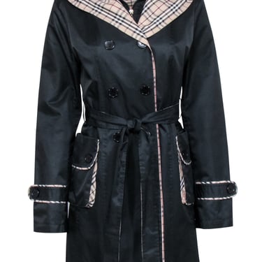 Burberry - Black Belted Trench Coat w/ Signature Plaid Trim & Hood Sz XXL