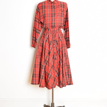 vintage 80s dress red plaid shirtwaist full skirt button up midi tea length M clothing 