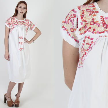White Oaxacan Dress / Hand Embroidered Dress From Mexico / Authentic Vintage Womens Cotton Midi / Beach Resort Cover Up Clothing 