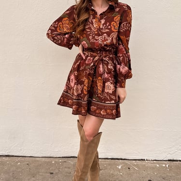 Brown Floral Printed Mini Dress