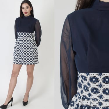 Navy Sheer Puff Sleeve Mod Micro Mini Dress, Vintage 70s Abstract Eyelet Print Frock, High Waist Disco Party Go Go Outfit 
