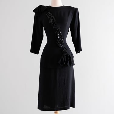 Fabulous 1940's Black Sequin Crepe Rayon Cocktail Dress / S