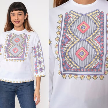 70s Hippie Top Geometric Floral Graphic Shirt White Abstract Mod Blouse 3/4 Sleeve Bohemian Retro Seventies Psychedelic Vintage 1970s Small 